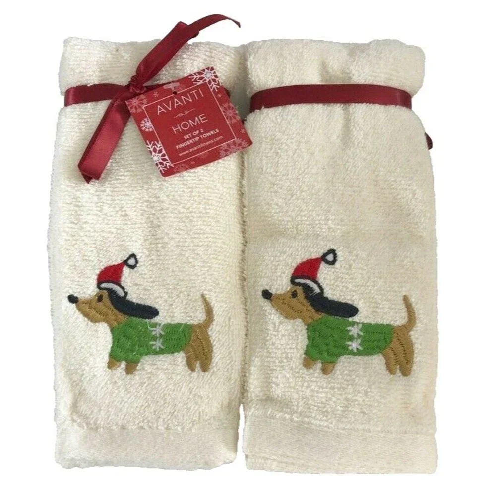 Avanti Christmas Dachshund Fingertip Towel Set Of 2 Ivory Doxie Hot Dog Holiday